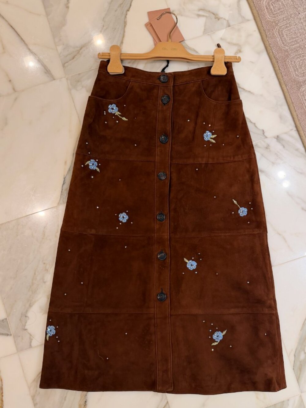 Miu Miu 2019 Brown Suede Midi Skirt with Flower Embroidery